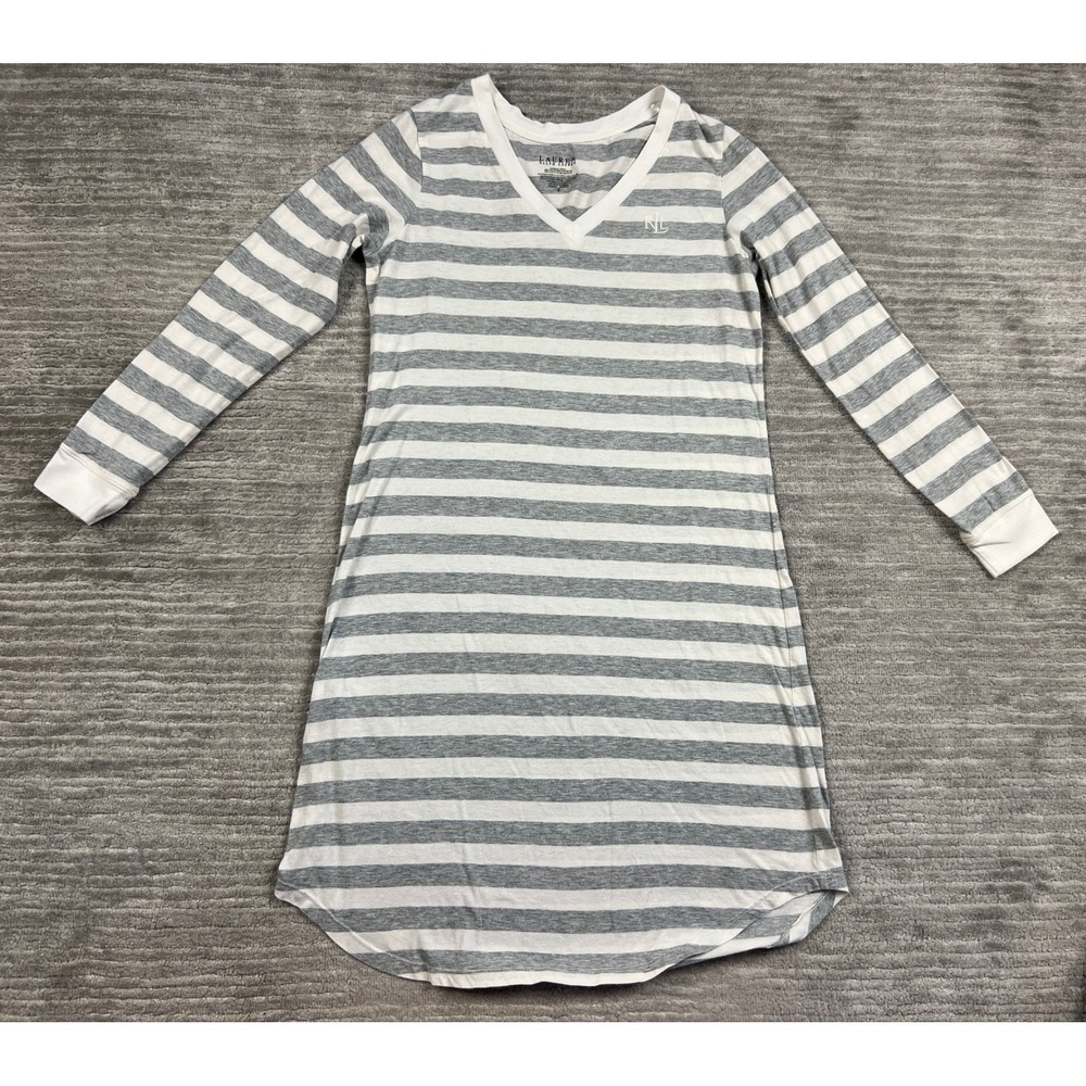 Lauren Ralph Lauren Sleep Shirt Women S Grey White Striped V-Neck Long Sleeve RL